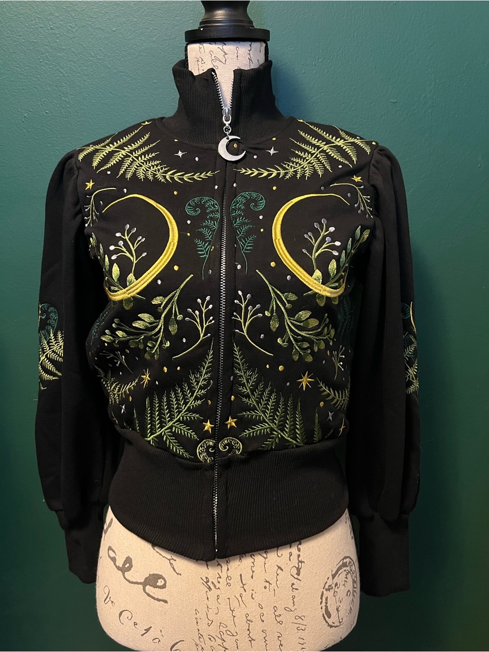 Black Embroidered Bomber Jacket with Green & Gold Botanical Motif